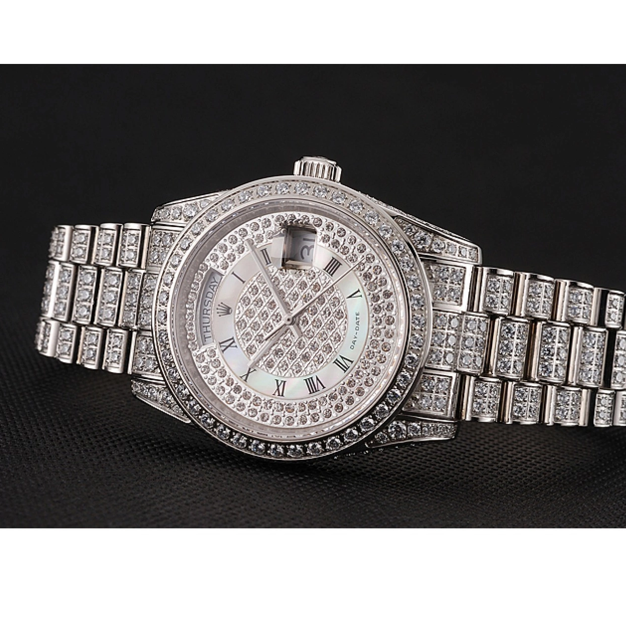 Aaa replica watch Diamond Case Day-Date Pave Dial Rolex Bracelet Swiss 1453950 Diamond Diamond 0618